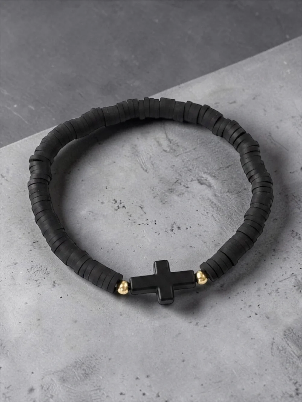 Men's Black Cross Stretch Bracelet with Gold Accent Beads - Unbranded